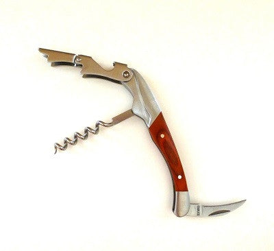 Wood and stainless steel corkscrew open view